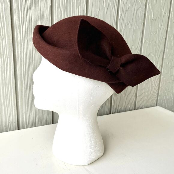 VTG 1950s Brown Wool Felt Cocktail Hat w/ Bow – Union Made USA Mid-Century - Picture 1 of 12